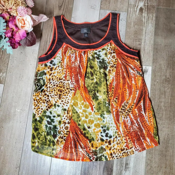 Iz Byer Sleeveless Chiffon Lined Earth Tone Animal Print Blouse Size Medium - Picture 4 of 12